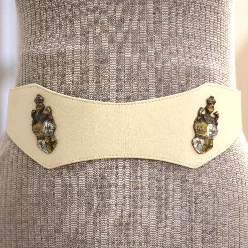 ETRO Cream Leather Belt with Crest Appliques